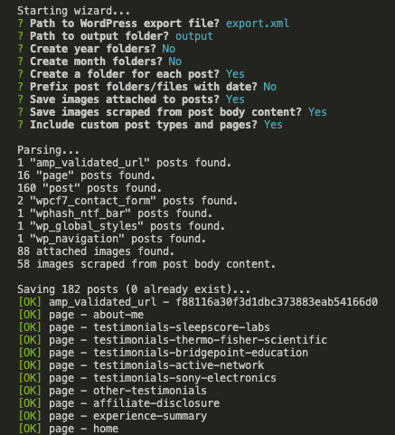 After running the command, the Node app should output a similar report of what's saved.