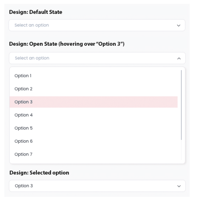 Create a functional dropdown menu using the Angular framework that matches the design exactly as shown below.